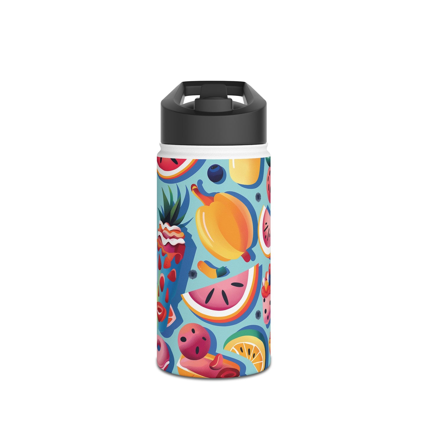 Food Paradise Vibrant Pattern Stainless Steel Water Bottle with Twist-on Lid and Double-Wall Vacuum Insulation