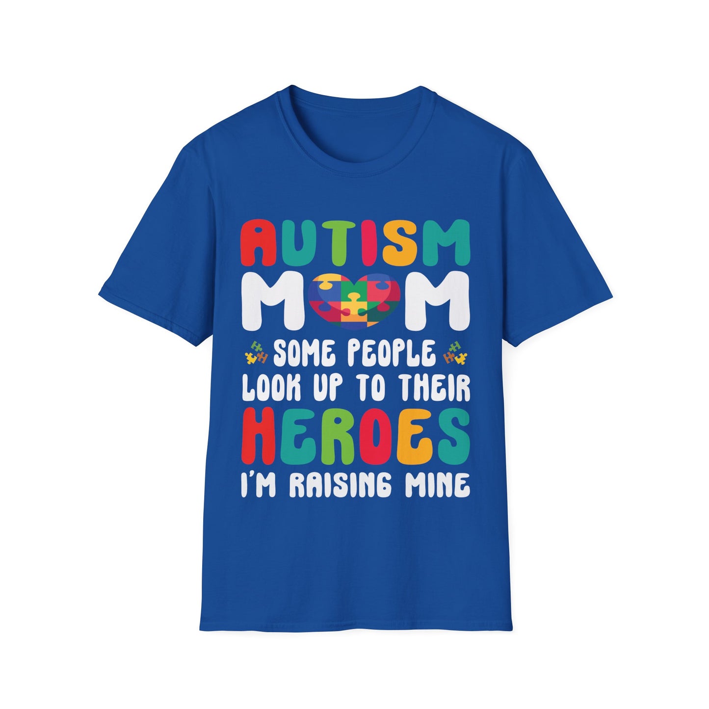 Funny Autism Mom Raising Hero Groovy Messy Bun Autism Awareness T-Shirt For Men Women T-Shirt