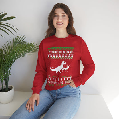 Funny Christmas Dinosaur Killing Reindeer Ugly Full Sleeve Jumper Sweatshirt Sweater