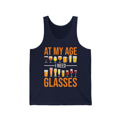 Funny At My Age I Need Glasses Cool Cocktail Beer Glass Drinking Tank Top Men Women