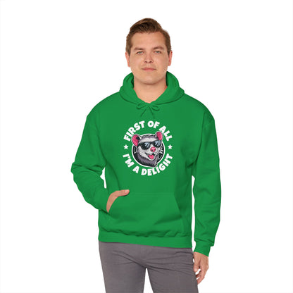 Funny First Of All I'm A Delight Sarcastic Angry Opossum Possum Hoodie For Men Women Hoodie