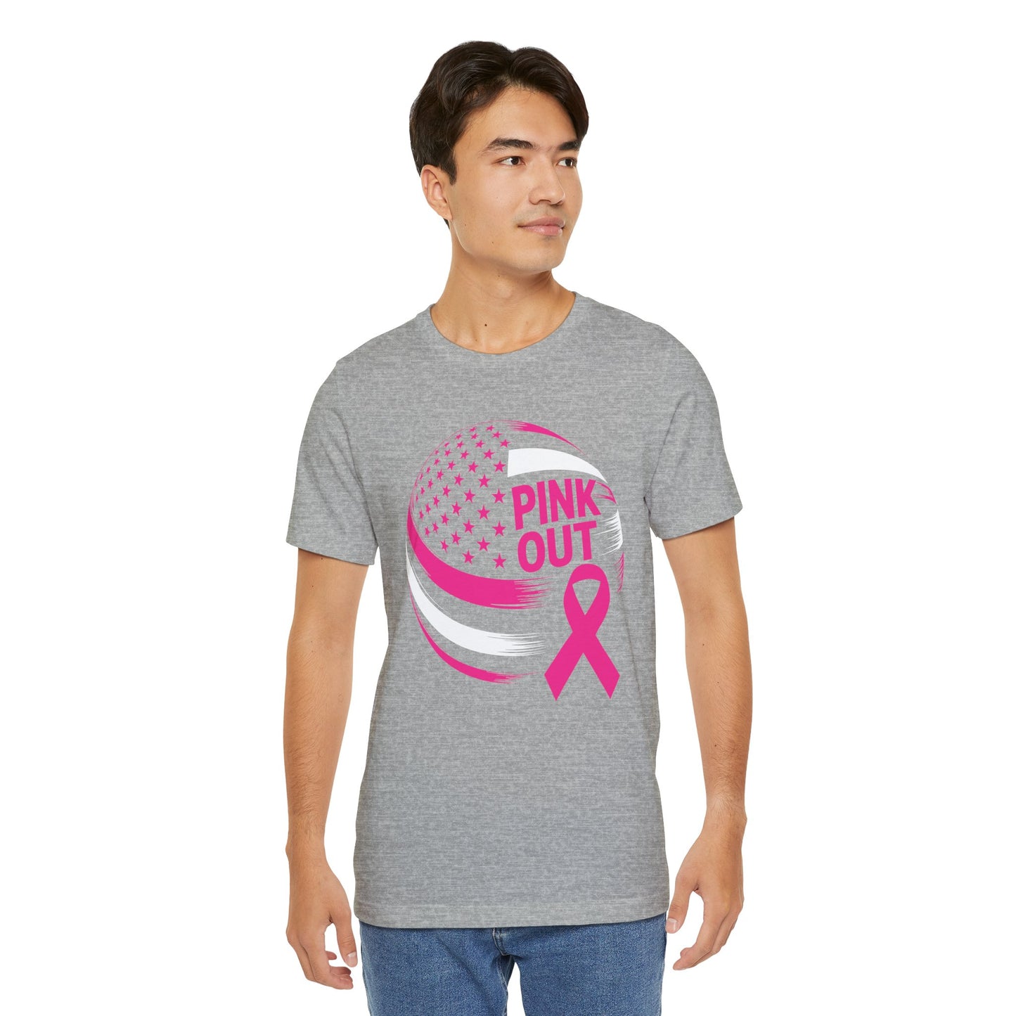 Volley Ball Pink Ribbon Breast Cancer Awearness USA Flag T-Shirt For Men Women