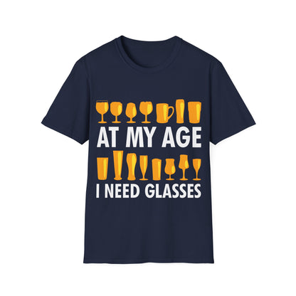 Funny Beer Wine Drinking Shirt at My Age I Need Glasses T-Shirt Men Women