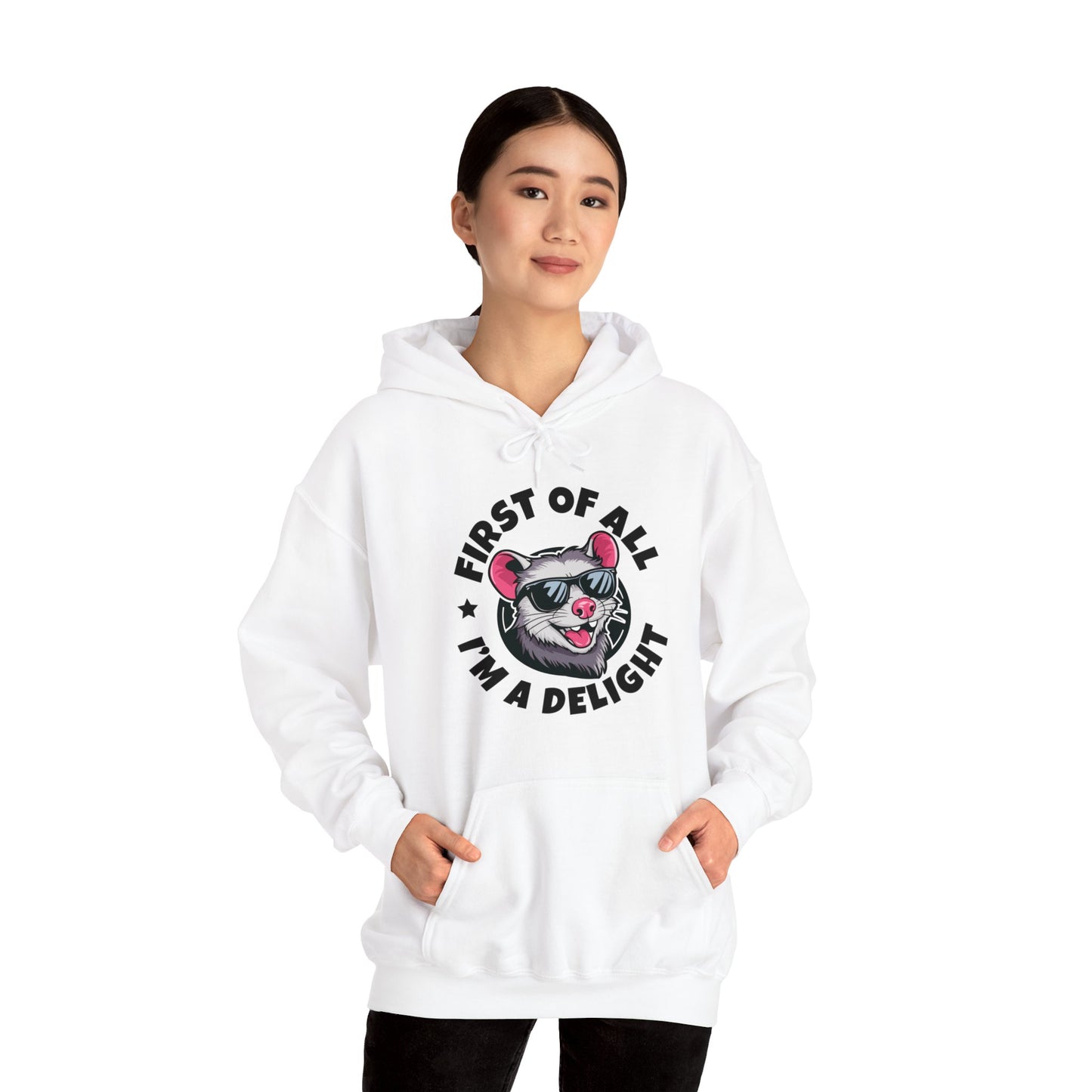 Funny First Of All I'm A Delight Sarcastic Angry Opossum Possum Hoodie For Men Women Hoodie