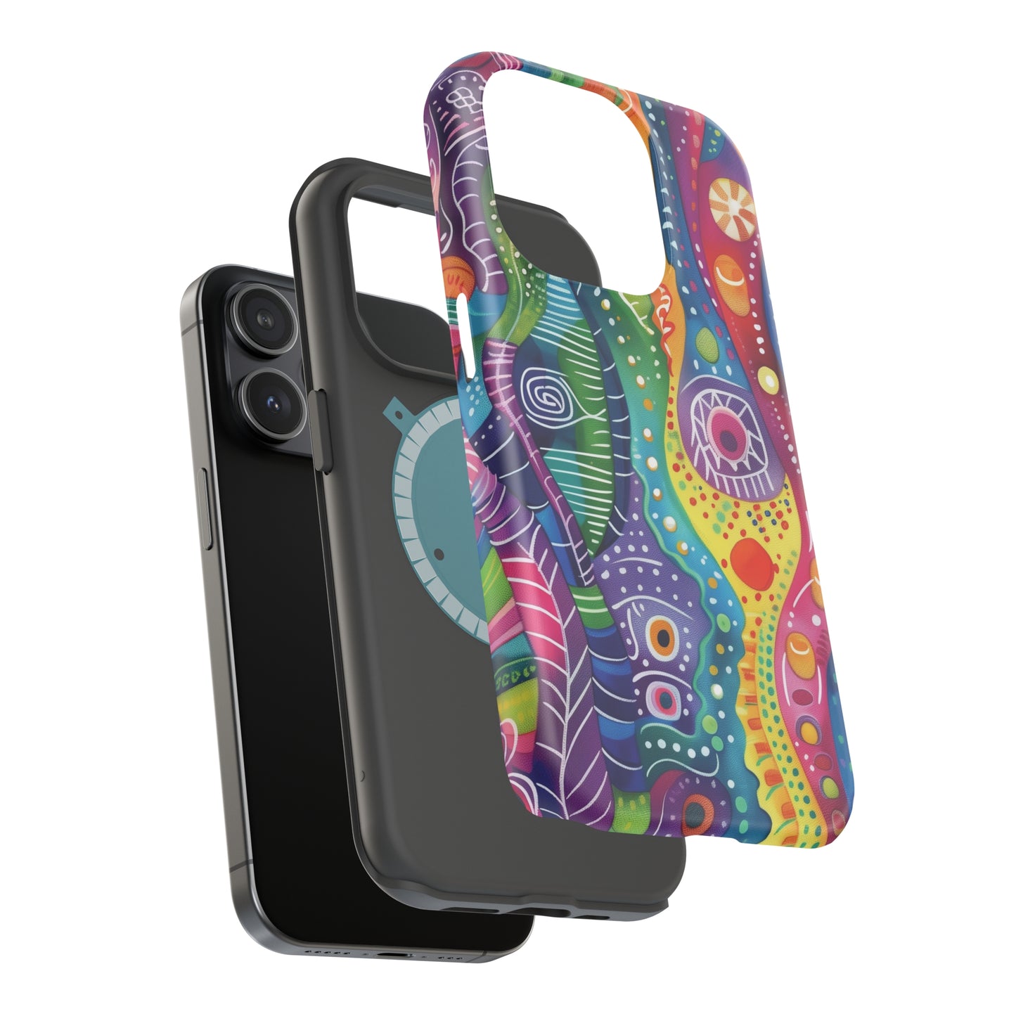 Abstract Rainbow Doodle Pattern iPhone 13 14 15 Pro Max Plus Case Compatible with MagSafe Tough Cases Protection, Magnetic Phone Case for iPhone  Classic Series