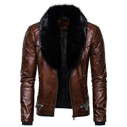 Men's Punk Detachable Leather Fur Collar Rivet Pressed Cotton Thick Windproof Motorcycle Genuine Leather Jackets