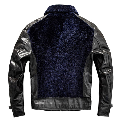Brown Leather Jacket Men Casual Natural Cowhide Slim Fit Spliced Genuine Leather Coat