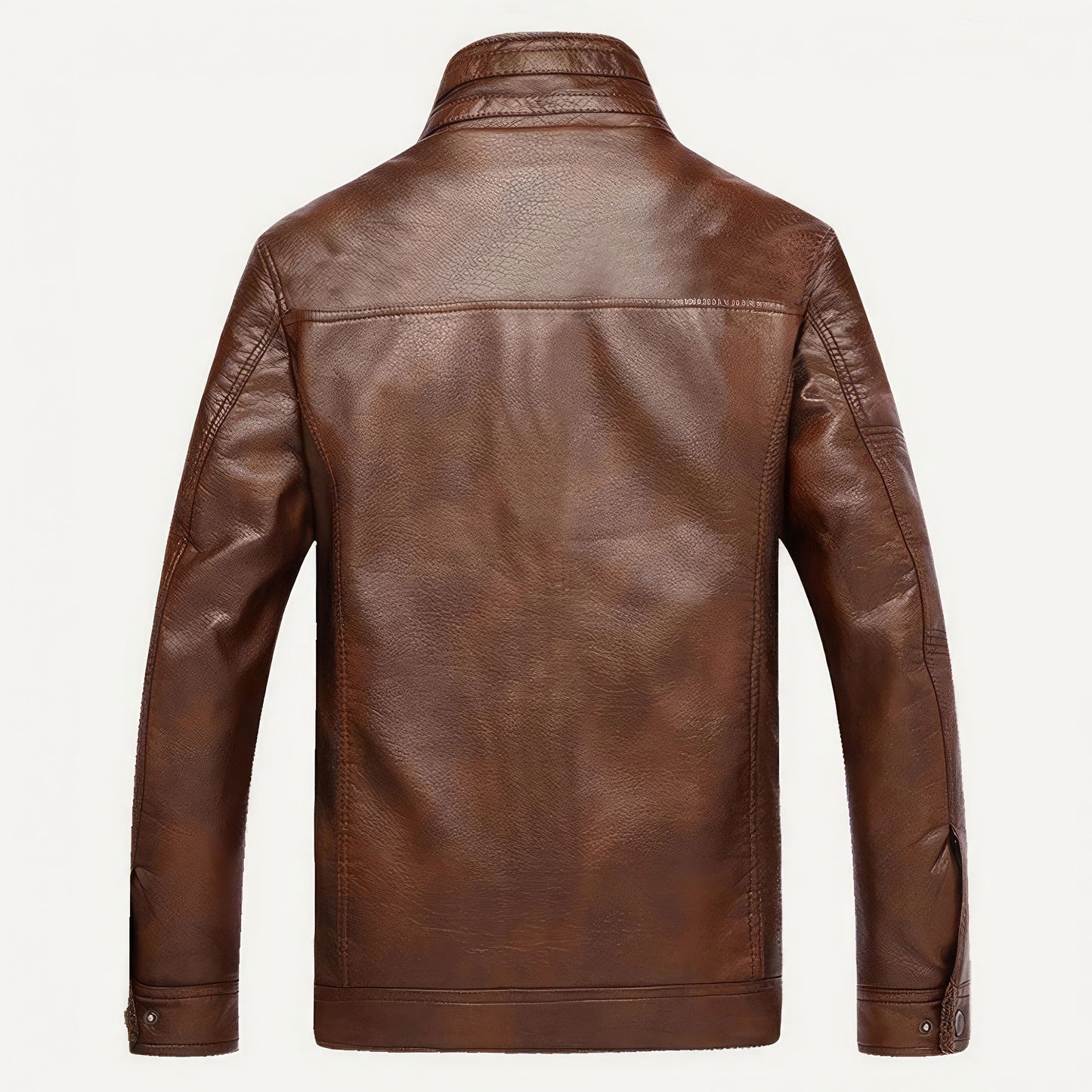 Mens Long Sleeve Stand Collar Faux Leather Fleece Lined Zip Warm Genuine Leather Jackets