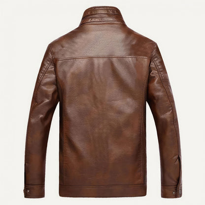 Mens Long Sleeve Stand Collar Faux Leather Fleece Lined Zip Warm Genuine Leather Jackets