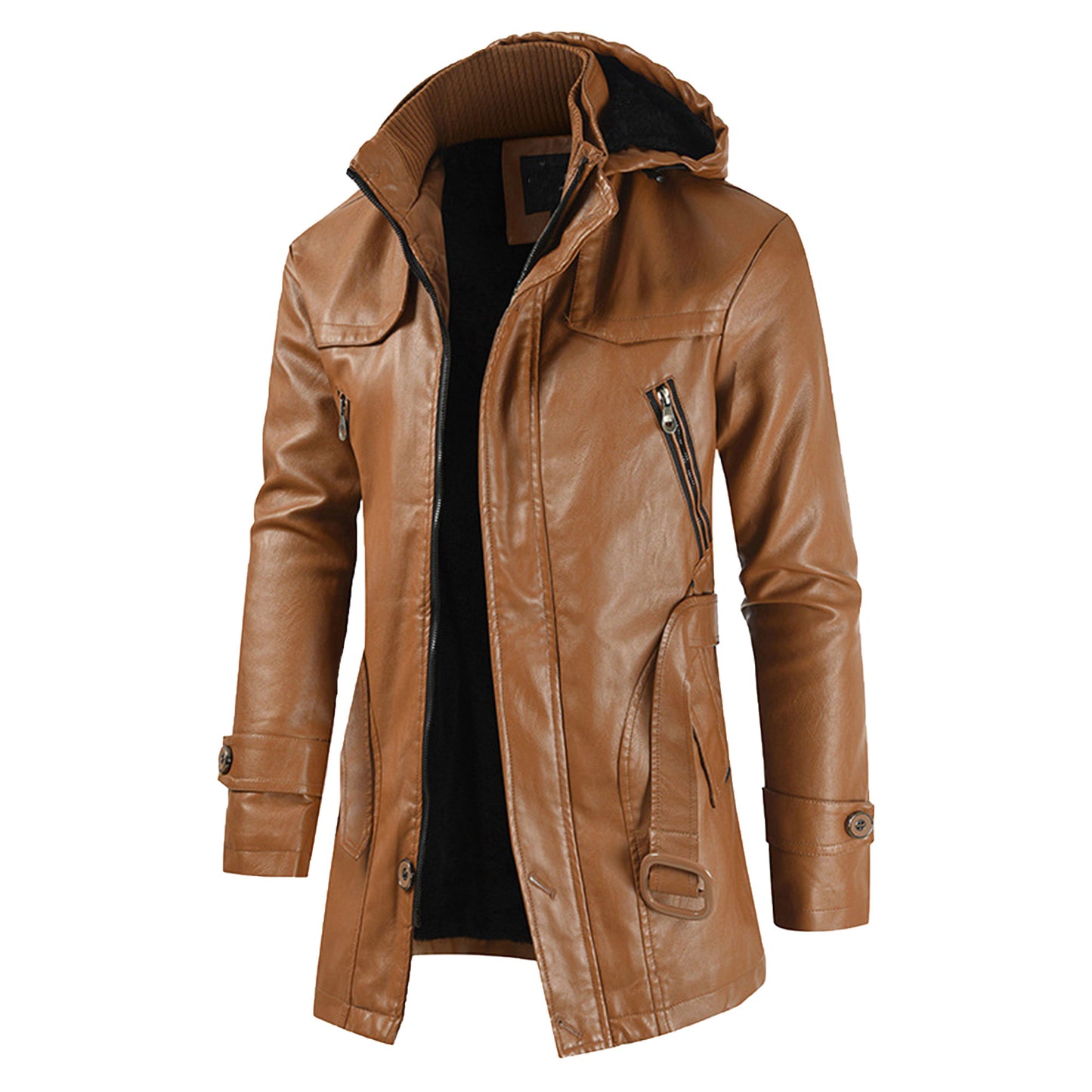 Men Solid Color Hooded Motorcycle Jackets Fashion Long Leather Coat Outerwear Fleece Leather Jacket