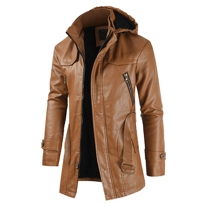 Men Solid Color Hooded Motorcycle Jackets Fashion Long Leather Coat Outerwear Fleece Leather Jacket