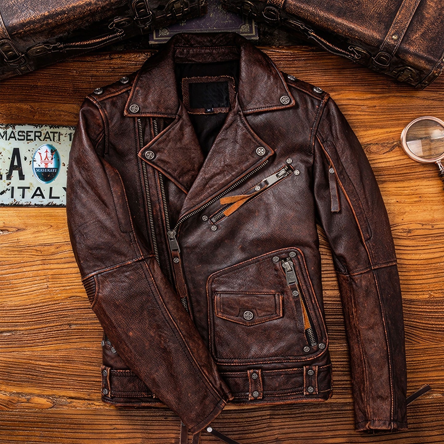 Mens Motorcycle Vintage Brown Leather Jacket Natural Cowhide Zipper Coat Genuine Leather Jackets