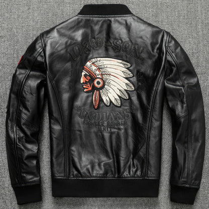 Mens Baseball Men Corium Flight Jacket Indian Embroidery Coat Top Layer Cowhide Genuine Leather Jackets