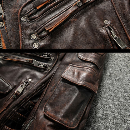 Motorcycle Vintage Brown Autumn Jacket Men Diagonal Zipper Natural Thick Cowhide Genuine Leather Jackets