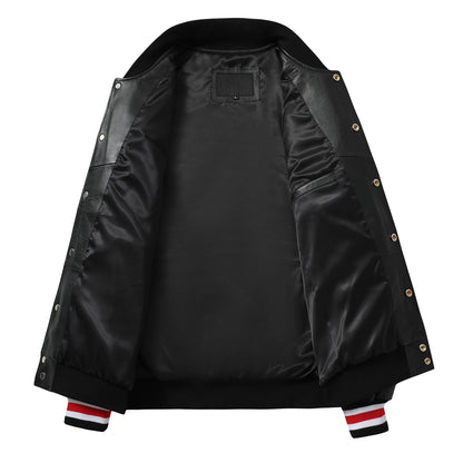 Mens Casual Short Black Baseball Uniform Motorcycle Leather Jacket Cool Embroid