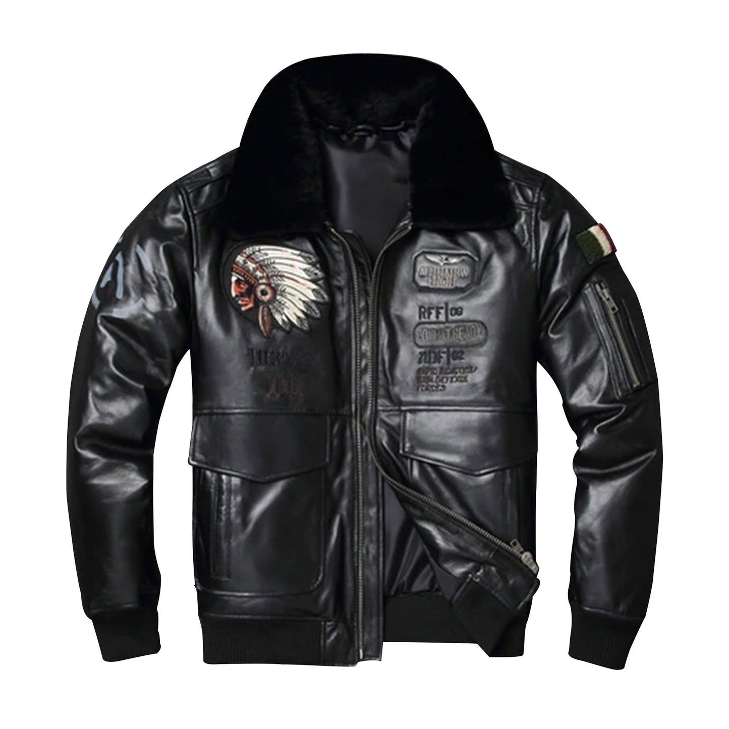 Mens Cotton Warm Coat Detachable Lamb Collar Slim Pilot Bomber Genuine Leather Jacket