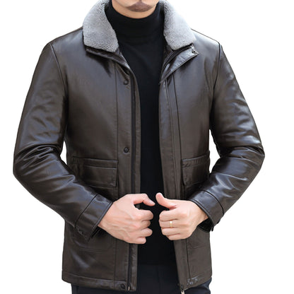 Mens Business Gentleman Zipper Leather Coat Genuine Leather  Windproof Jacket