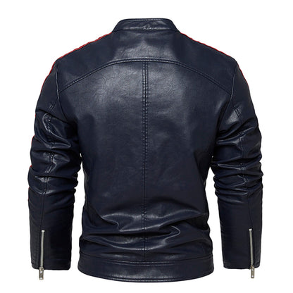 Men Coat Contrast Standing Collar Casual Motorcycle Jacket Windproof Warm Genuine Leather Jackets