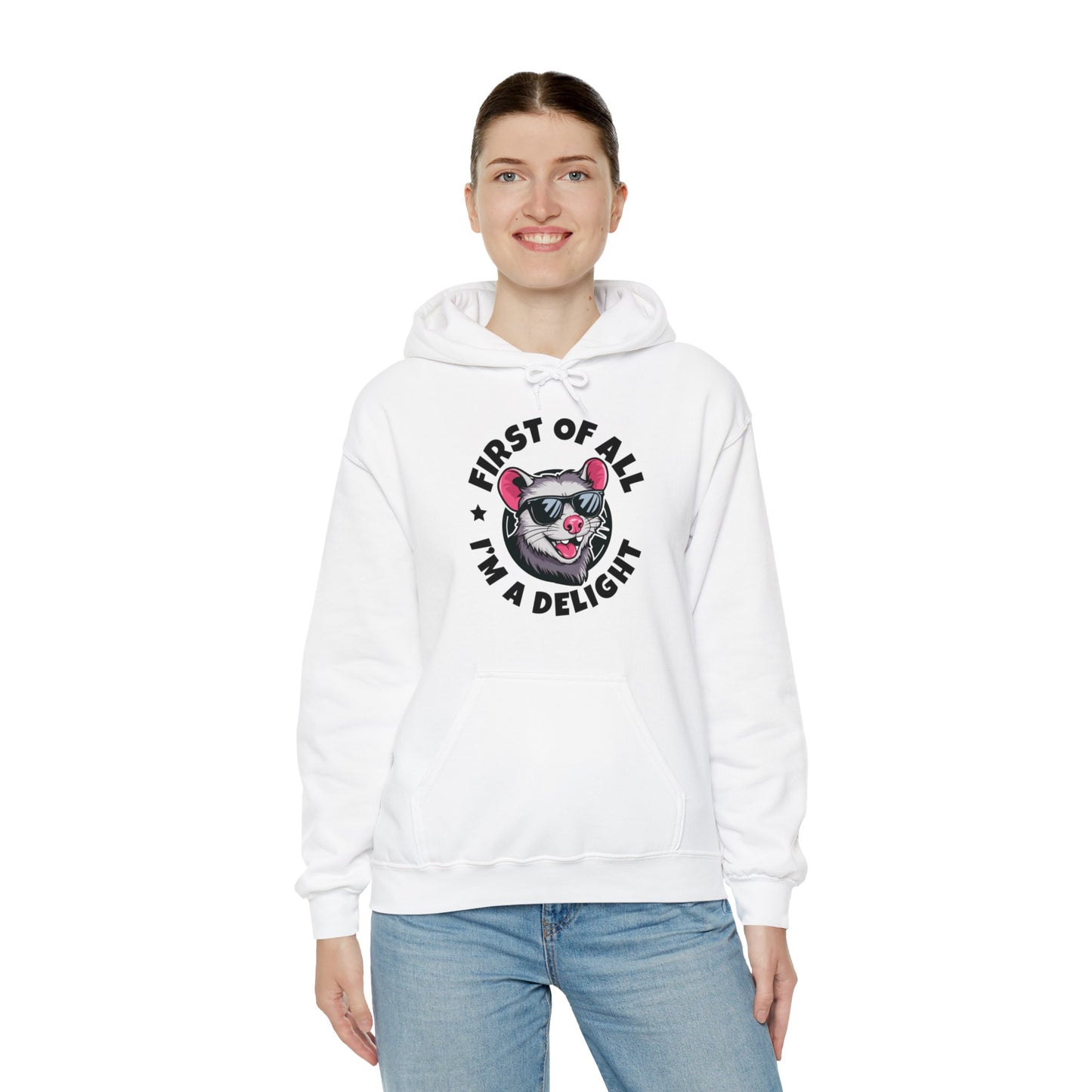 Funny First Of All I'm A Delight Sarcastic Angry Opossum Possum Hoodie For Men Women Hoodie