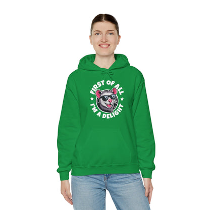 Funny First Of All I'm A Delight Sarcastic Angry Opossum Possum Hoodie For Men Women Hoodie