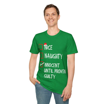 Nice Naughty Innocent Until Proven Guilty Christmas List Funny T-Shirt