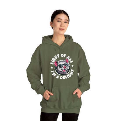 Funny First Of All I'm A Delight Sarcastic Angry Opossum Possum Hoodie For Men Women Hoodie