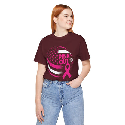 Volley Ball Pink Ribbon Breast Cancer Awearness USA Flag T-Shirt For Men Women