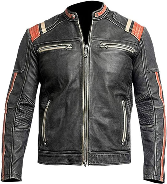 Mens Moto Racing Cafe Racer Motorcycle Distressed Black Biker Genuine Leather Jacket