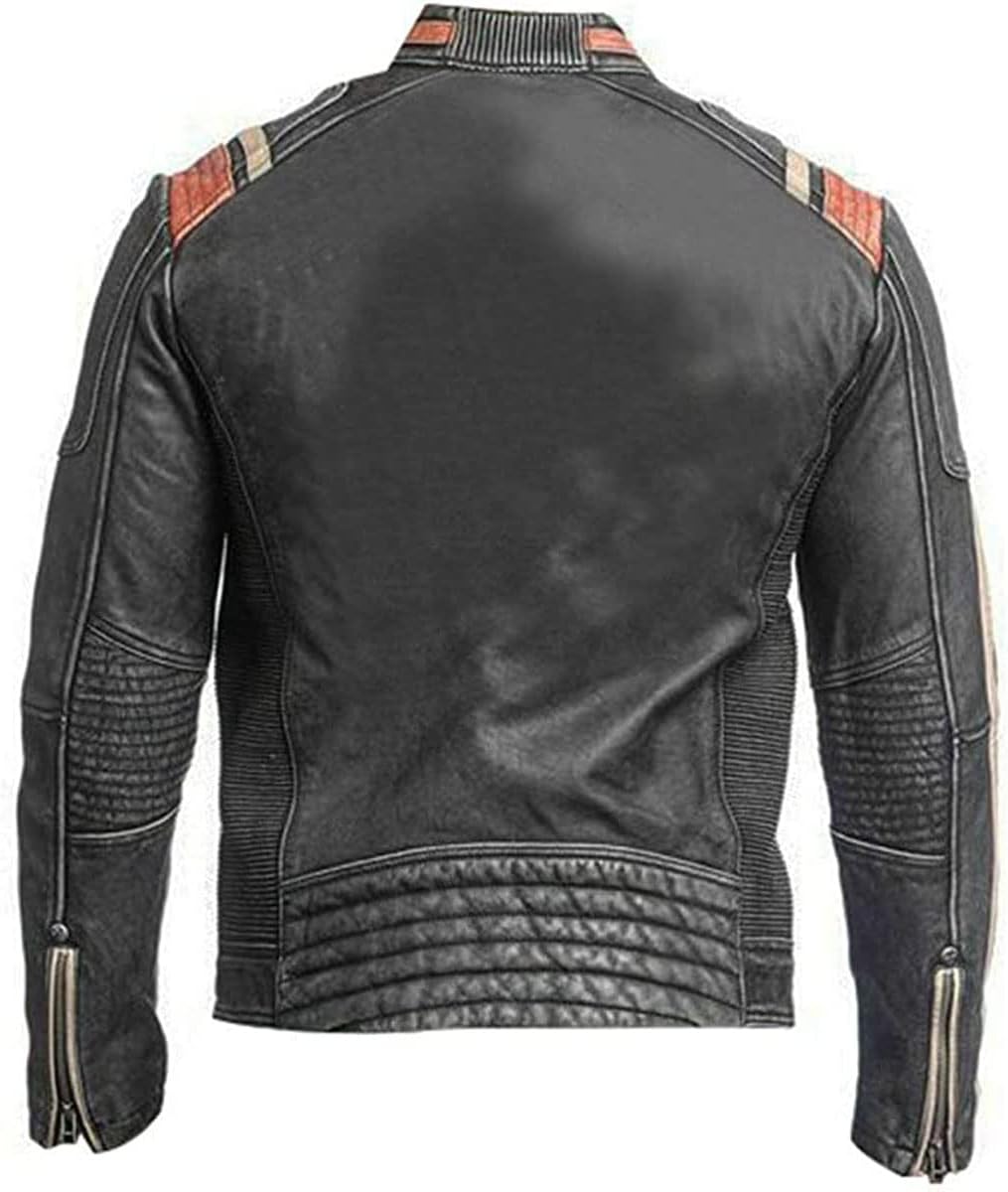 Mens Moto Racing Cafe Racer Motorcycle Distressed Black Biker Genuine Leather Jacket