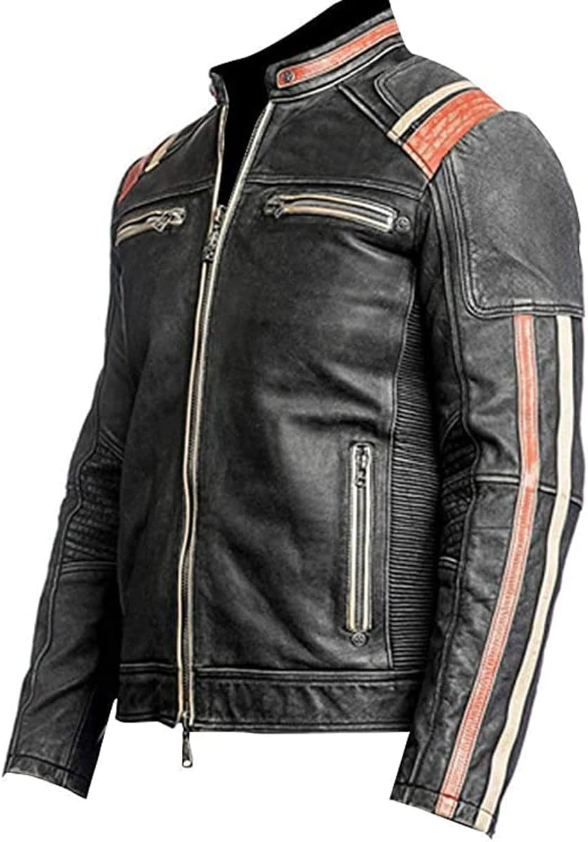 Mens Moto Racing Cafe Racer Motorcycle Distressed Black Biker Genuine Leather Jacket