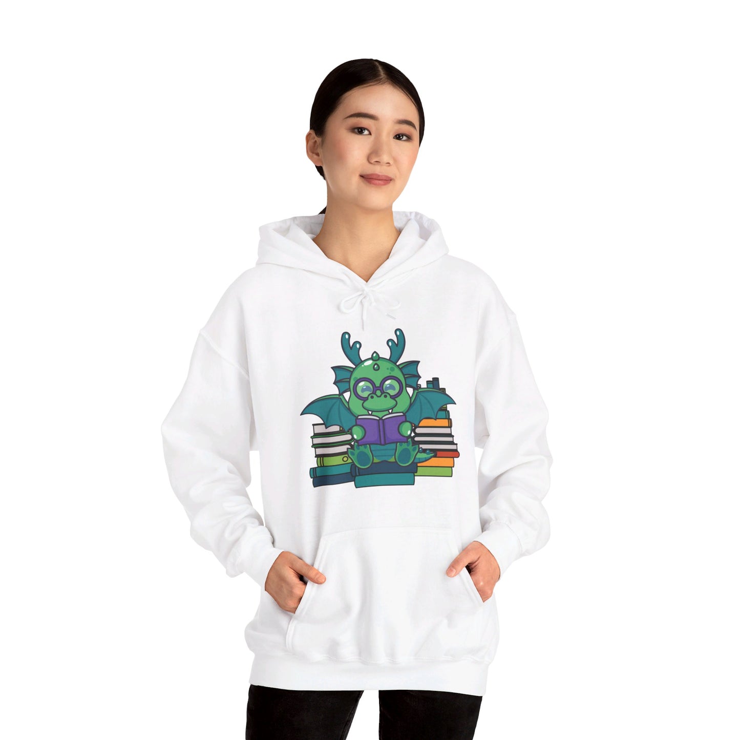 Funny Dragon and Books Nerds Cute Dragon Reading A Book Hoodie For Men Women Hoodie