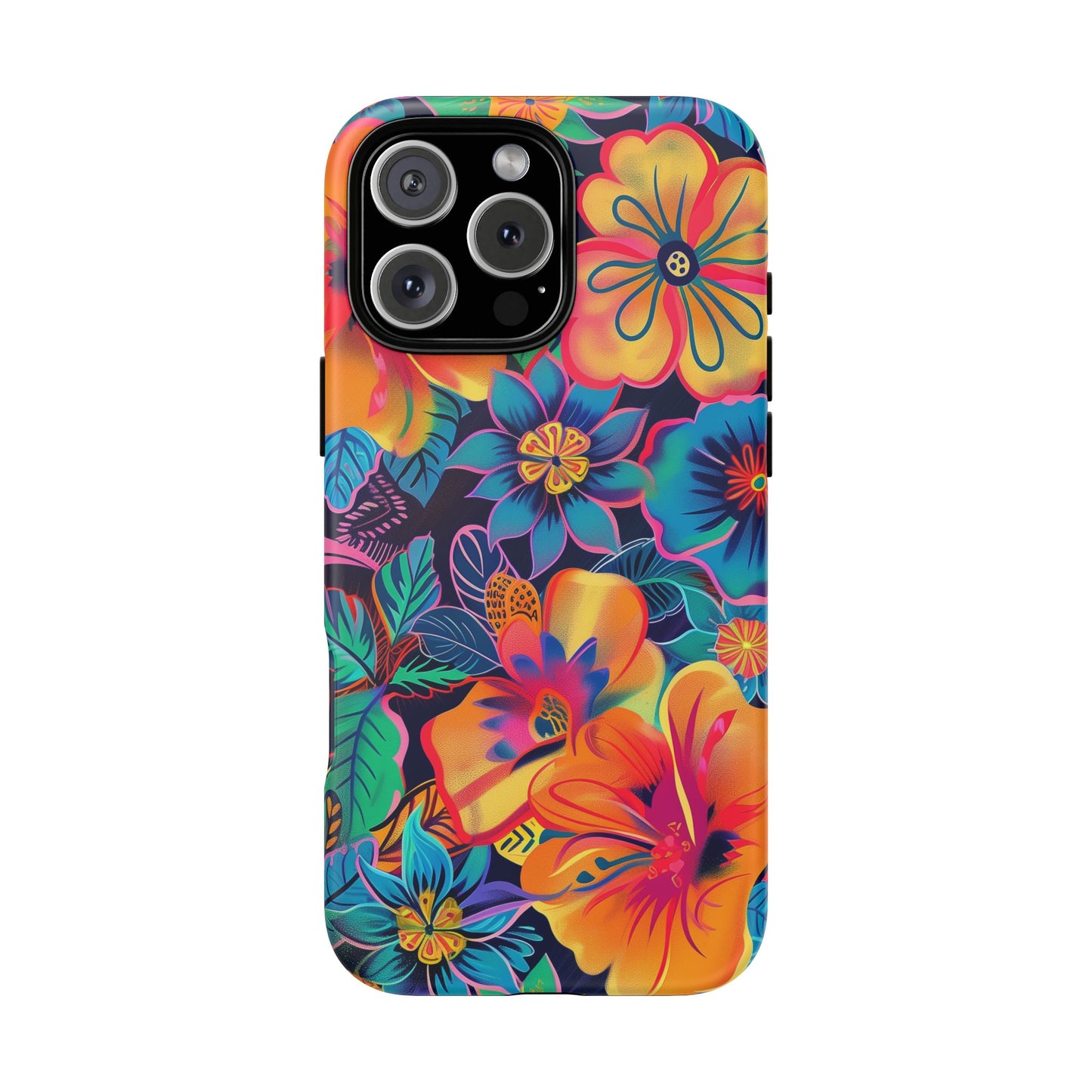 Floral Fiesta Vibrant Pattern iPhone 13 14 15 16 Pro Max Plus Case Wireless Charging Compatible Tough Cases Protection, Magnetic Phone Case for iPhone Classic Series