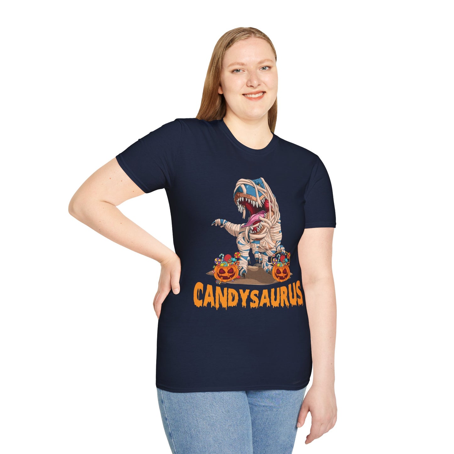 Funny Candysaurus Dinosaur Pumpkin Candy Halloween Zombie T-rex T-Shirt Men Women Kids