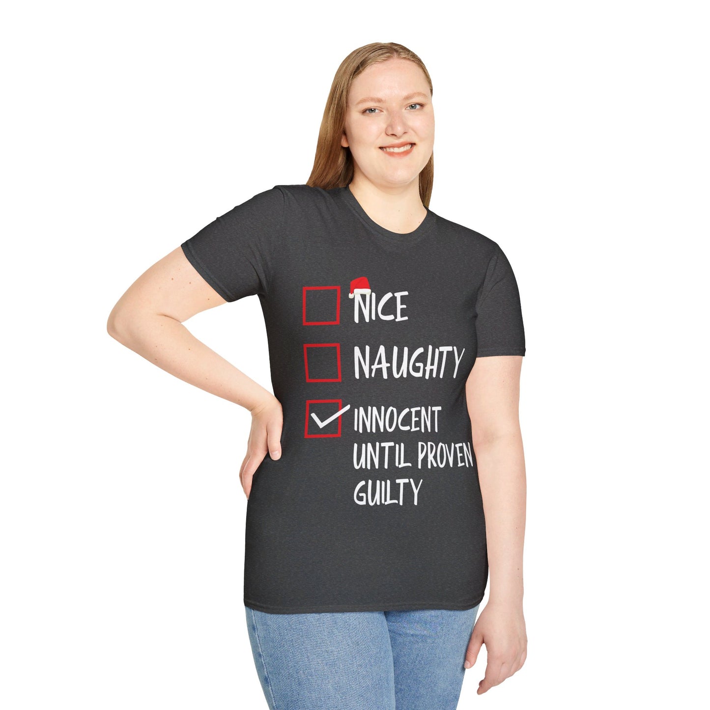 Nice Naughty Innocent Until Proven Guilty Christmas List Funny T-Shirt