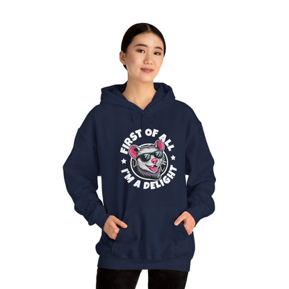 Funny First Of All I'm A Delight Sarcastic Angry Opossum Possum Hoodie For Men Women Hoodie