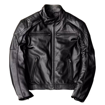 Mens Cowhide Jacket Man Stand Collar Motorcycle Genuine Leather Jacket