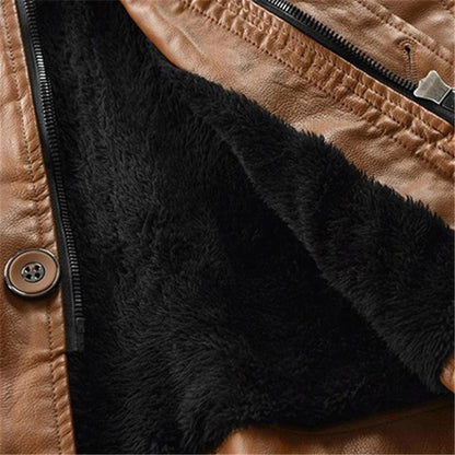Men Solid Color Hooded Motorcycle Jackets Fashion Long Leather Coat Outerwear Fleece Leather Jacket