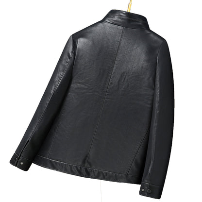 Mens Leather Jackets Standing Neck Down Solid Men's Cardigan Genuine Leather Jacket