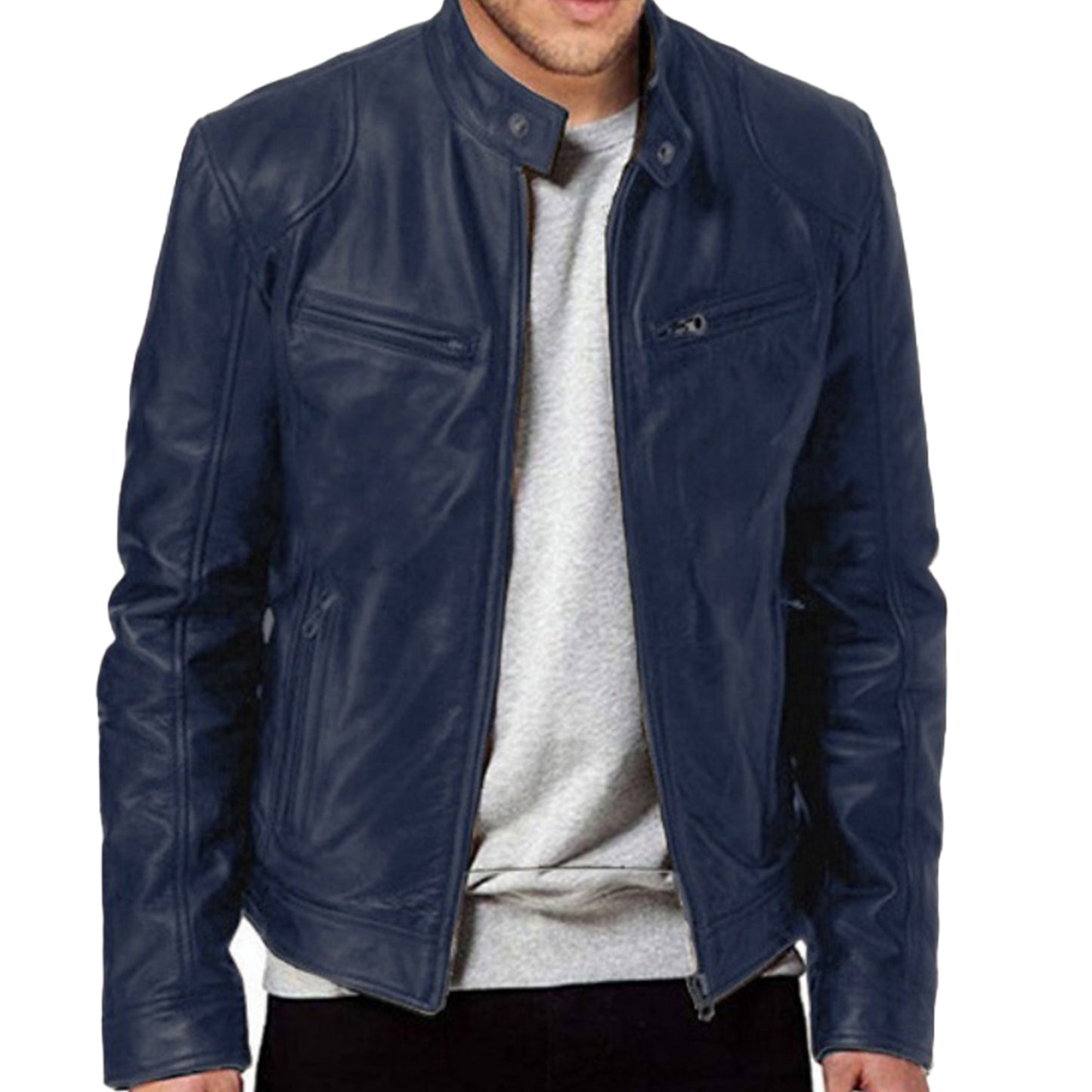 Business Gentleman Zipper Pocket Leather Coat Stand Neck Slim Fit Genuine Leather Jacket