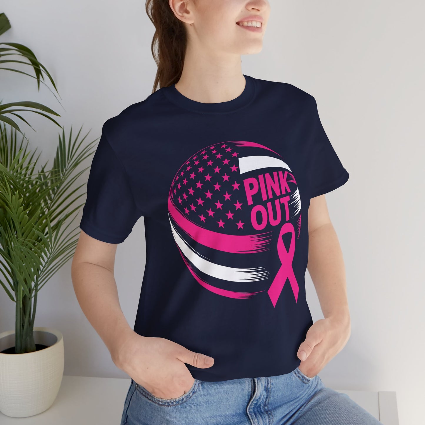 Volley Ball Pink Ribbon Breast Cancer Awearness USA Flag T-Shirt For Men Women