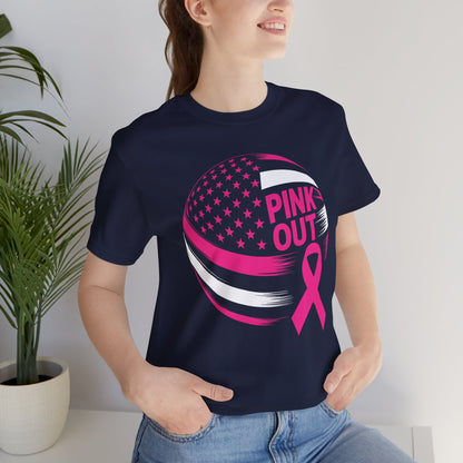 Volley Ball Pink Ribbon Breast Cancer Awearness USA Flag T-Shirt For Men Women