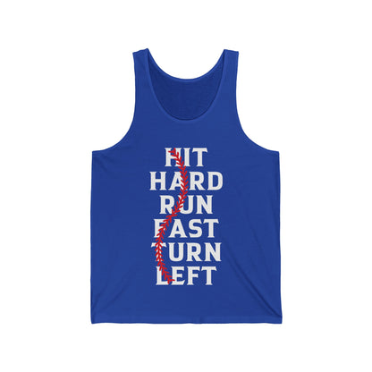 Funny Hit Hard Run Fast Turn Left Baseball Player Gift Tank Tops For Men Women Kids