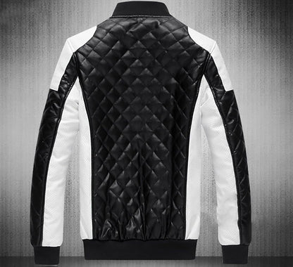 Men's Black and White Leather Fashion Diamond Jacket Big Yards Warm Genuine Leather Jackets