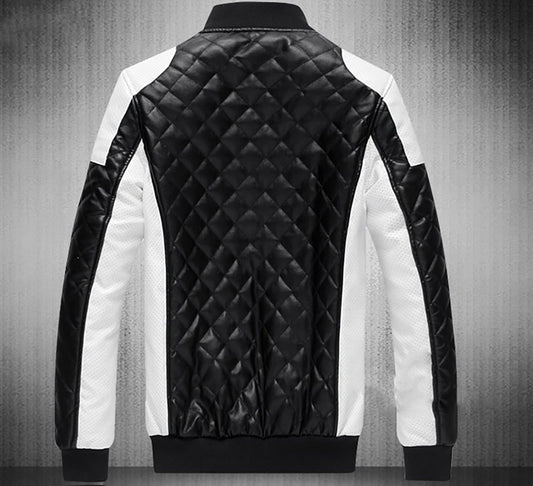 Men's Black and White Leather Fashion Diamond Jacket Big Yards Warm Genuine Leather Jackets