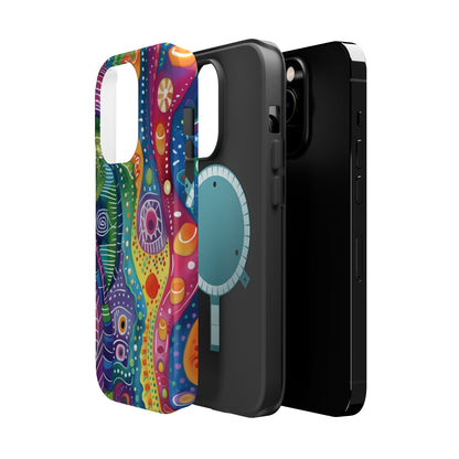 Abstract Rainbow Doodle Pattern iPhone 13 14 15 Pro Max Plus Case Compatible with MagSafe Tough Cases Protection, Magnetic Phone Case for iPhone  Classic Series