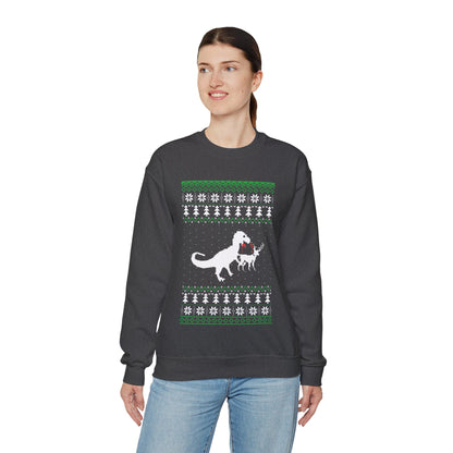 Funny Christmas Dinosaur Killing Reindeer Ugly Full Sleeve Jumper Sweatshirt Sweater