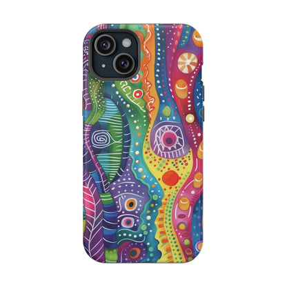 Abstract Rainbow Doodle Pattern iPhone 13 14 15 Pro Max Plus Case Compatible with MagSafe Tough Cases Protection, Magnetic Phone Case for iPhone  Classic Series