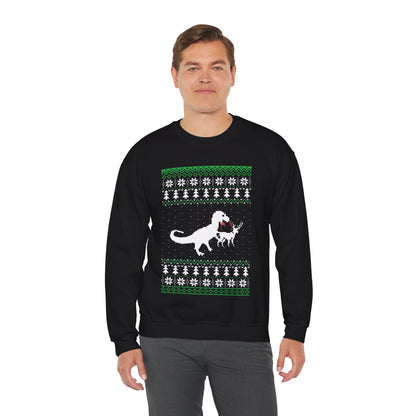 Funny Christmas Dinosaur Killing Reindeer Ugly Full Sleeve Jumper Sweatshirt Sweater