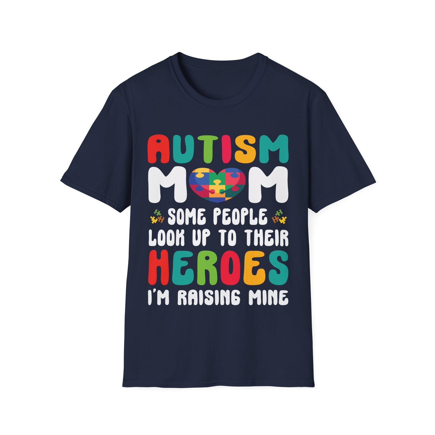 Funny Autism Mom Raising Hero Groovy Messy Bun Autism Awareness T-Shirt For Men Women T-Shirt