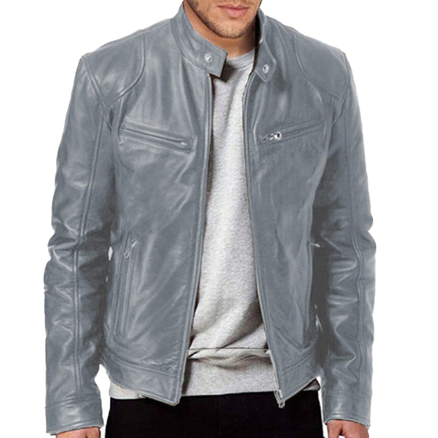 Business Gentleman Zipper Pocket Leather Coat Stand Neck Slim Fit Genuine Leather Jacket